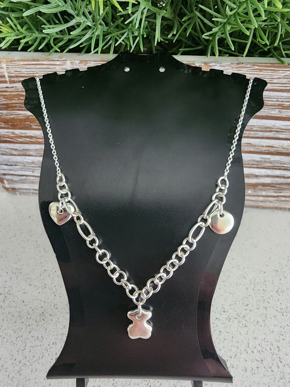 Tous Silver-Tone Teddy Charm Necklace with Heart and Disc Accents